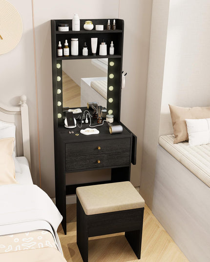 CHARMAID Small Vanity Desk with Mirror and Lights, Makeup Vanity Table with Charging Station, Drawers, Shelves, Foldable Side Table
