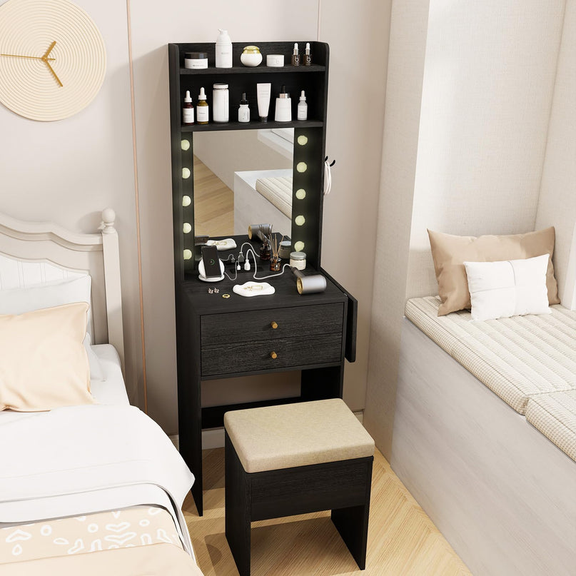 CHARMAID Small Vanity Desk with Mirror and Lights, Makeup Vanity Table with Charging Station, Drawers, Shelves, Foldable Side Table