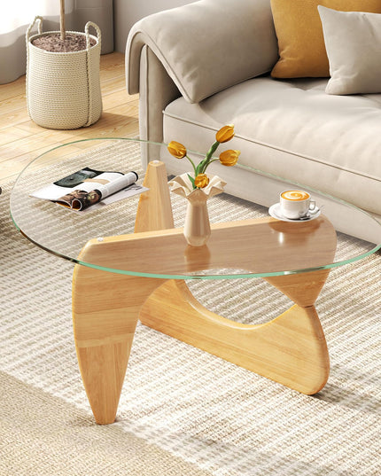Giantex Triangle Glass Coffee Table, Solid Wood Tea Table with Tempered Glass Top & Adjustable Base