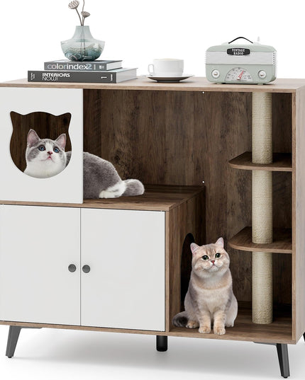 Giantex Cat Litter Box Enclosure - Wooden Cat House Washroom Hidden Furniture with Cat Tree