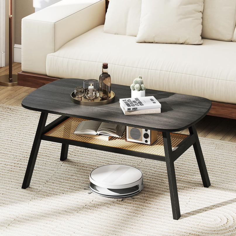 Giantex 2-Tier Mid Century Modern Rattan Coffee Table