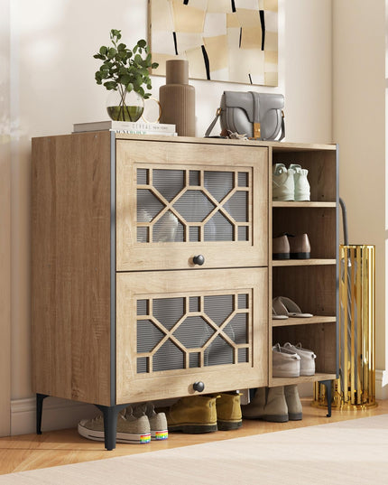 Giantex Shoe Cabinet with Flip & Slide Doors, Shoe Storage Cabinet with Adjustable Cube Shelves(Decorative Doors)