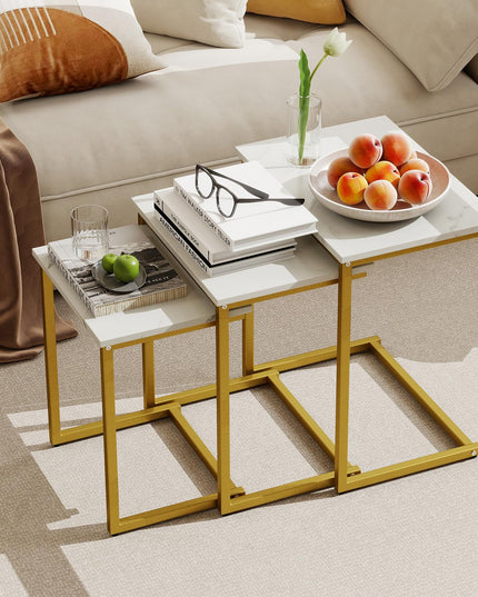 Giantex Nesting Coffee Table Set of 3 w/Faux Marble Tabletop & Heavy-Duty Metal Frame