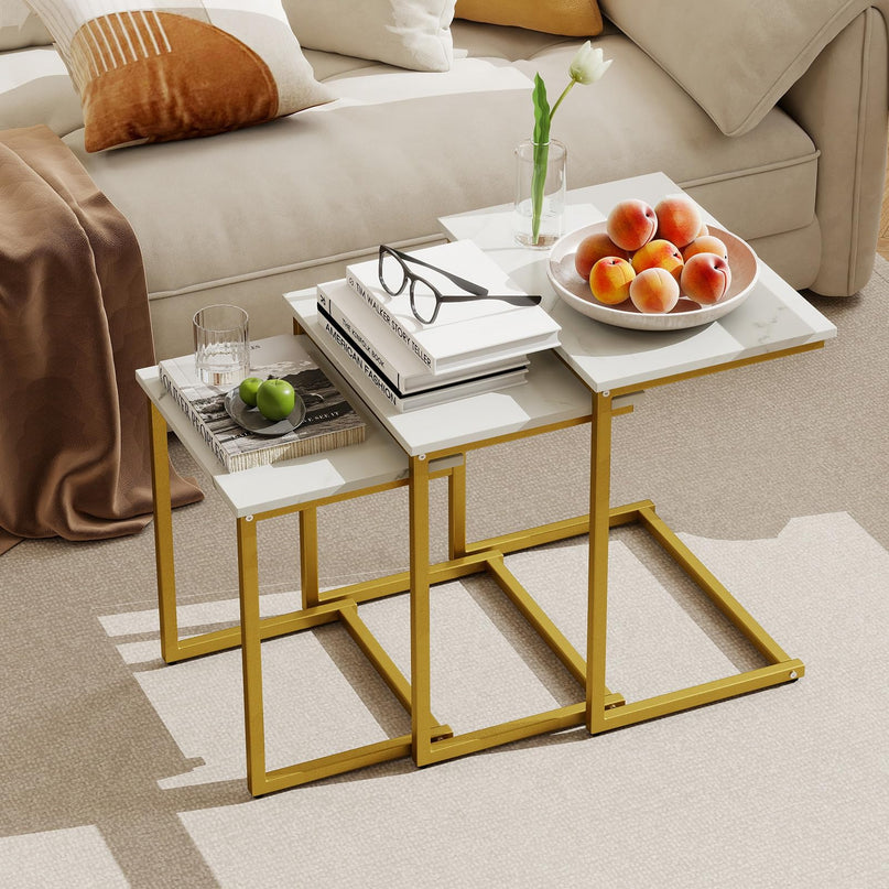 Giantex Nesting Coffee Table Set of 3 w/Faux Marble Tabletop & Heavy-Duty Metal Frame