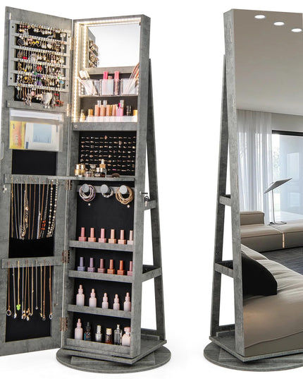 CHARMAID 63.5"H Jewelry Armoire with Full Length Mirror 360 Degree Swivel, 3-Color LED lights