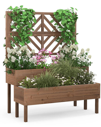 Giantex Raised Garden Bed with Trellis, 2-Tier Wooden Planter Box with Legs and Drain Holes (Brown)