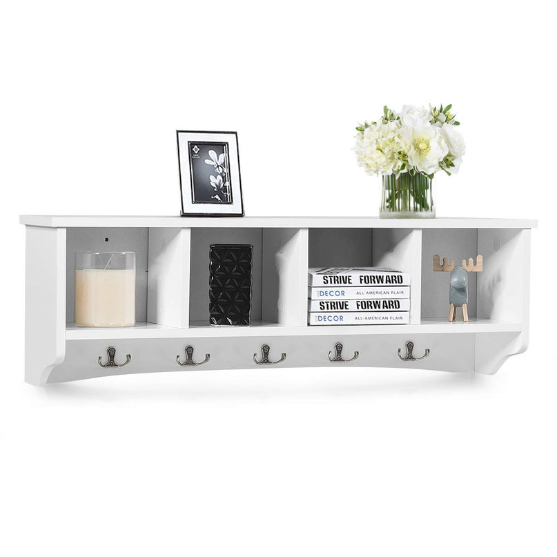 Giantex Wall-Mounted Storage Shelf W/4 Storage Units and 5 Dual Hooks