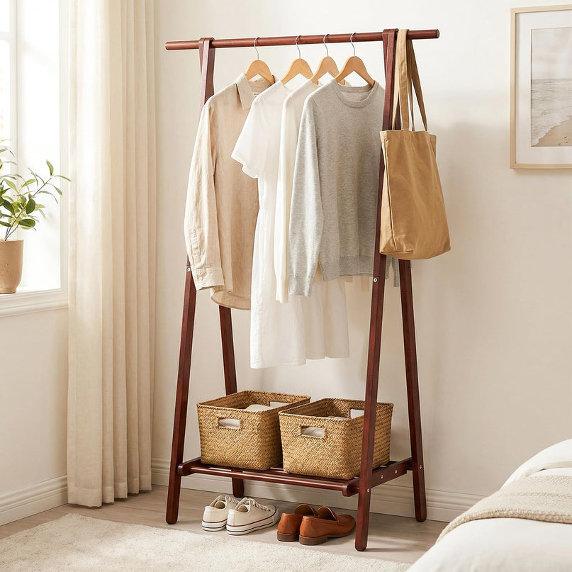 Giantex Solid Rubber Wood Clothes Hanging Stand with Storage Shelf for Garments Hats Handbags