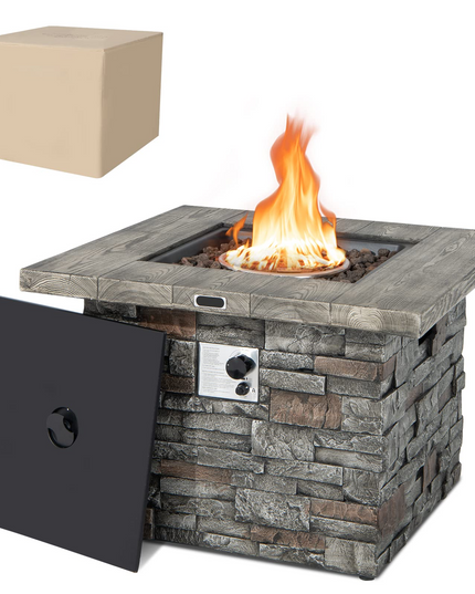 34.5" Propane Gas Fire Pit Table - Patio 2-in-1 Outdoor Square Fire Table W/ Volcanic Rock & PVC Cover