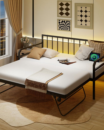 Giantex Twin Daybed with Trundle, Twin Bed Frame with Charging Station & LED Lights, Metal Trundle Bed Twin w/Steel Slats Support