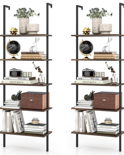 Giantex 5 Tier Modern Wall Mounted Bookshelf, 71'' White and Gold Wood Bookcase with Steel Frame
