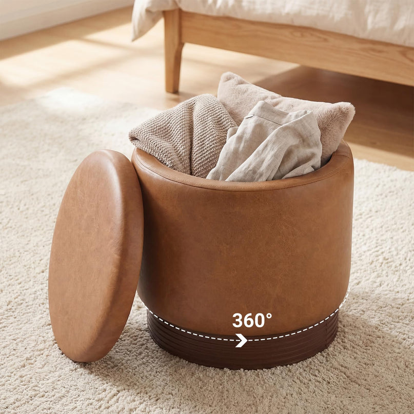 Giantex Round Ottoman with Storage 360° Swivel Faux Leather Vanity Stool
