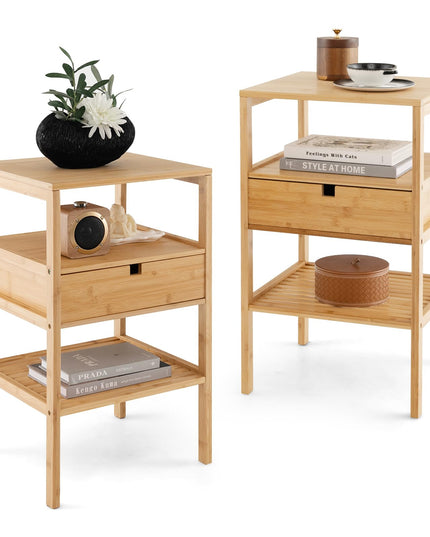 Giantex Nightstand Set of 1/2, Bamboo End Table with Drawer and 2 Open Shelves