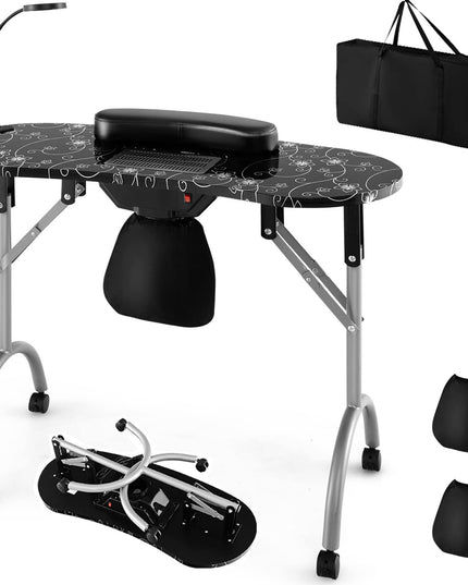 Giantex Nail Desk with Electric Dust Collector, Portable Manicure Table with USB-Plug LED Table Lamp