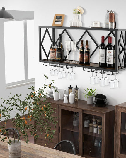 Giantex Wall Mounted Wine Rack, Wine Display Shelf w/Wine Bottle Rack & 6 Rows of Stemware Holder