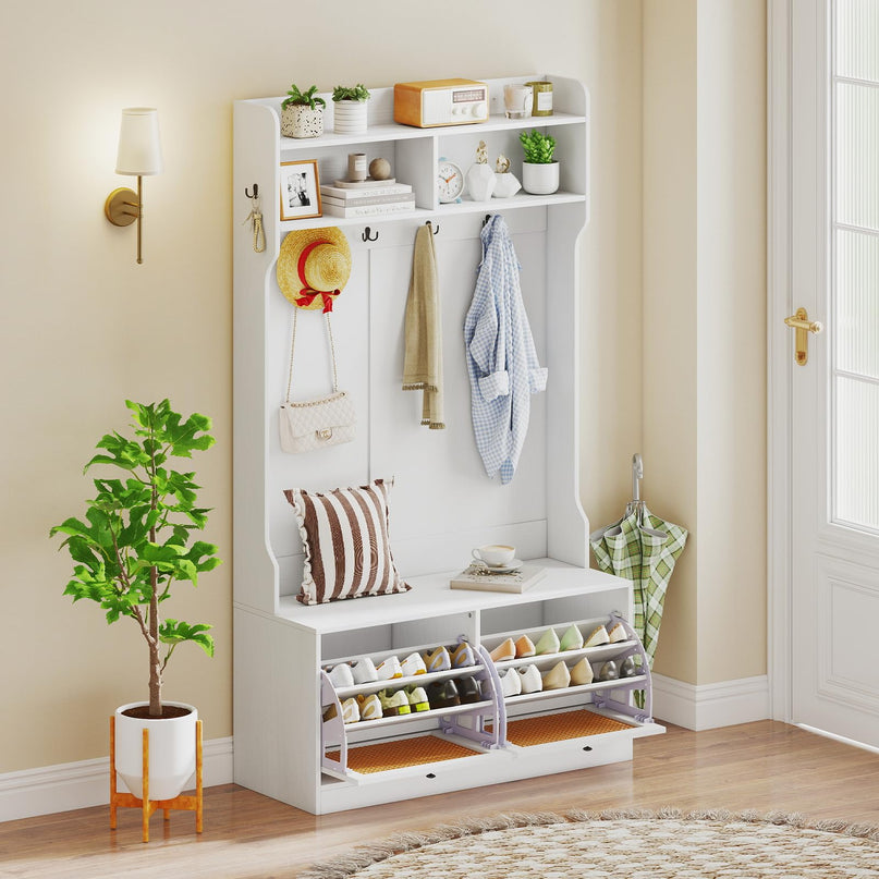 Giantex 4-In-1 Hall Tree Entryway Bench with Coat Rack & Flip Drawers