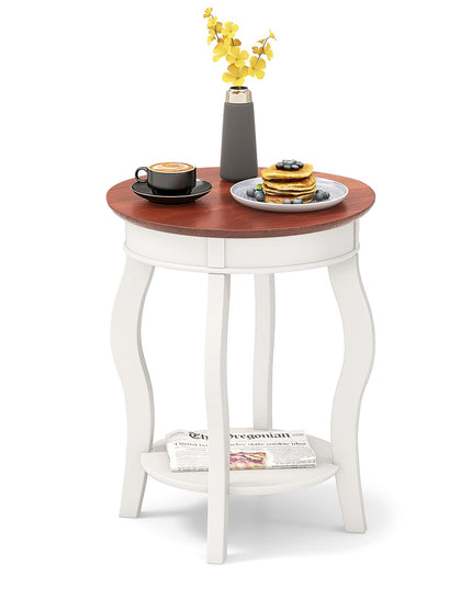Giantex Farmhouse Round End Table, 2-Tier Sofa Side Table with Storage Shelf, Small Wooden Tea Table with Solid Rubber Wood Legs