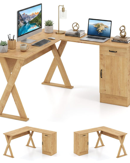 GIANTEX L-Shaped Computer Desk with Reversible Drawer & Cabinet