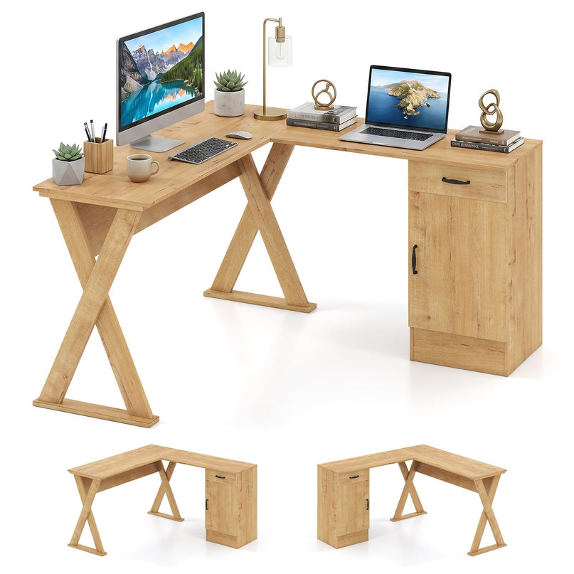 GIANTEX L-Shaped Computer Desk with Reversible Drawer & Cabinet