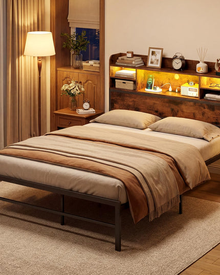 Giantex Full Size Industrial Metal Bed Frame with LED Lights & Charging Station