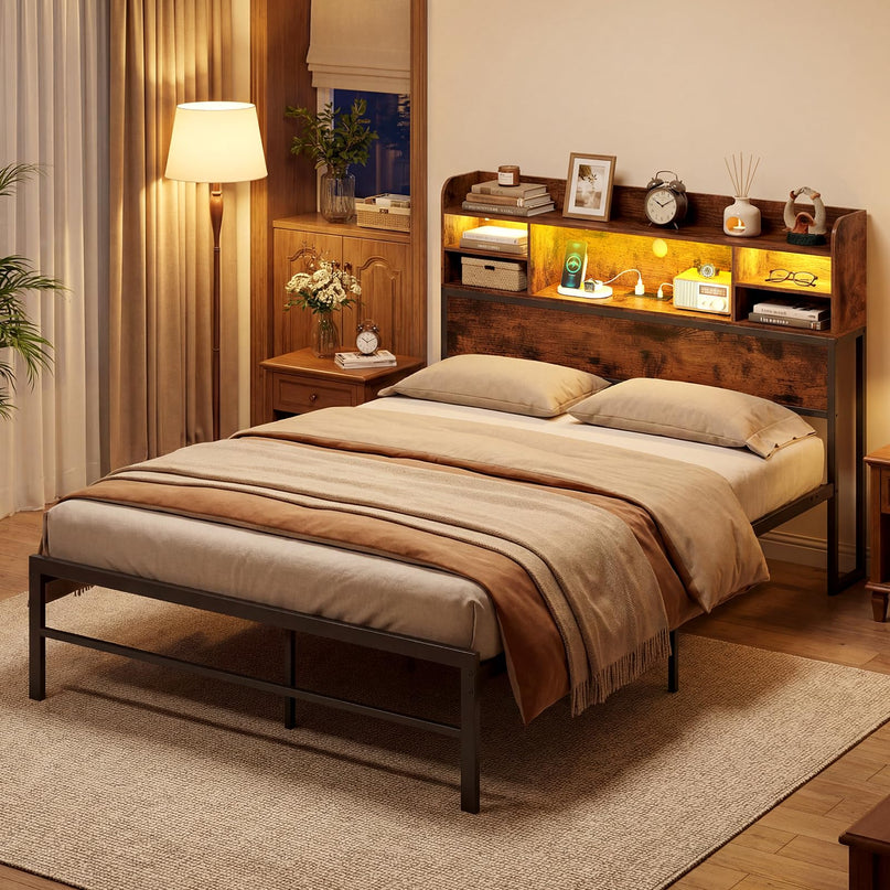 Giantex Full Size Industrial Metal Bed Frame with LED Lights & Charging Station
