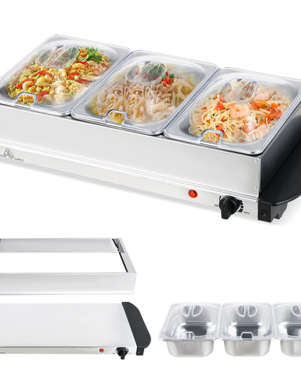 Giantex 3 Stainless Steel Pans with Lid | Electric Buffet Server & Warming Tray