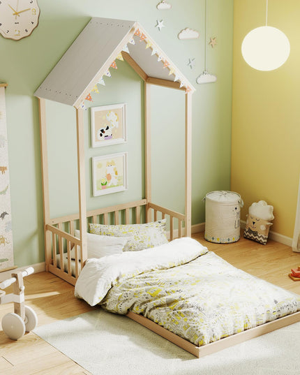 Giantex Twin Size House Bed with House Shape Roof & Semi-Fence