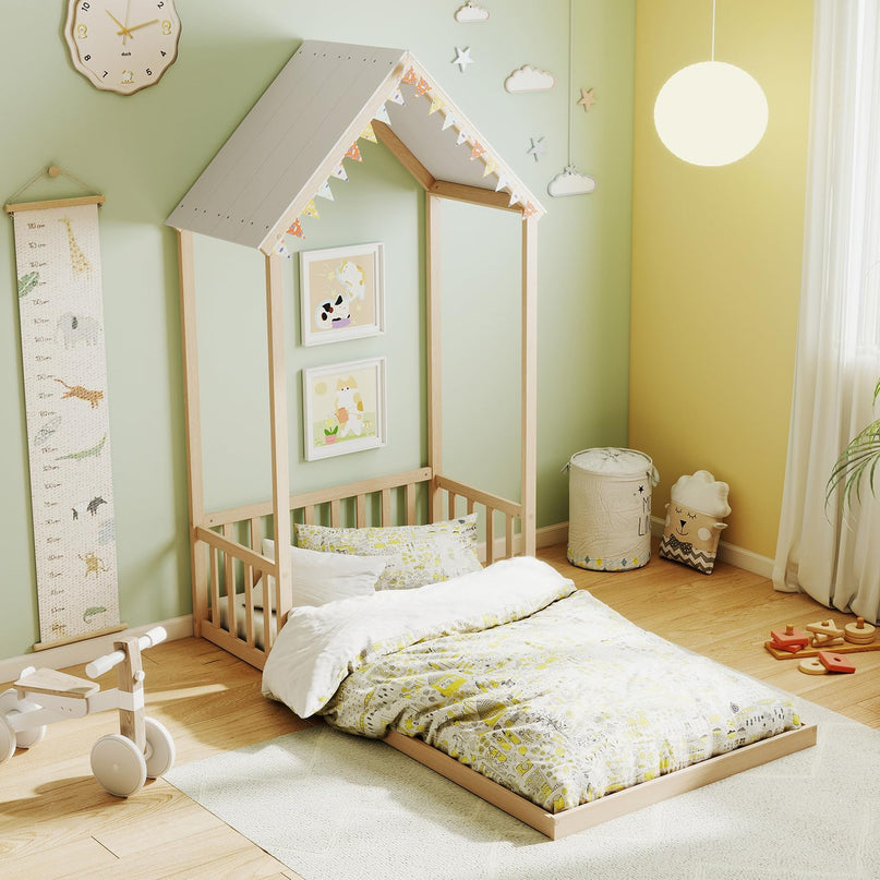 Giantex Twin Size House Bed with House Shape Roof & Semi-Fence