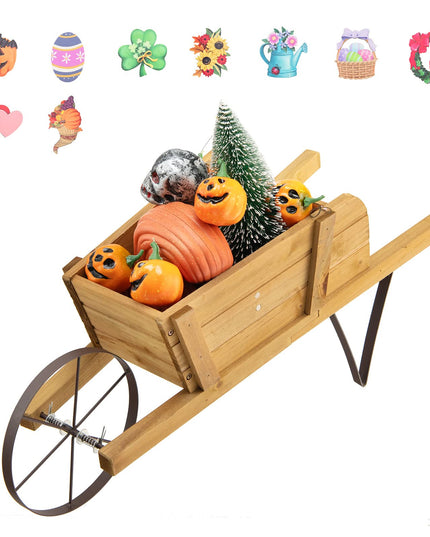 Giantex Wooden Wagon Planter, Small Wheelbarrow Wagon Flower, Indoor & Outdoor Raised Bed