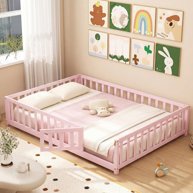 Giantex Full Size Floor Bed for Kids, Montessori Floor Bed with Wood Slats & Safety Guardrails