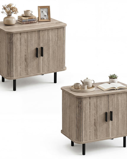 Table de chevet moderne de style Mid-Century Giantex 61 cm avec portes coulissantes cannelées et étagères de rangement