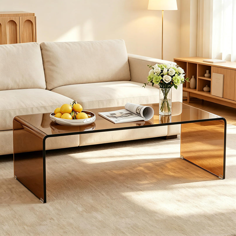 Giantex Glass Coffee Table with Tempered Glass Top & Round Edges