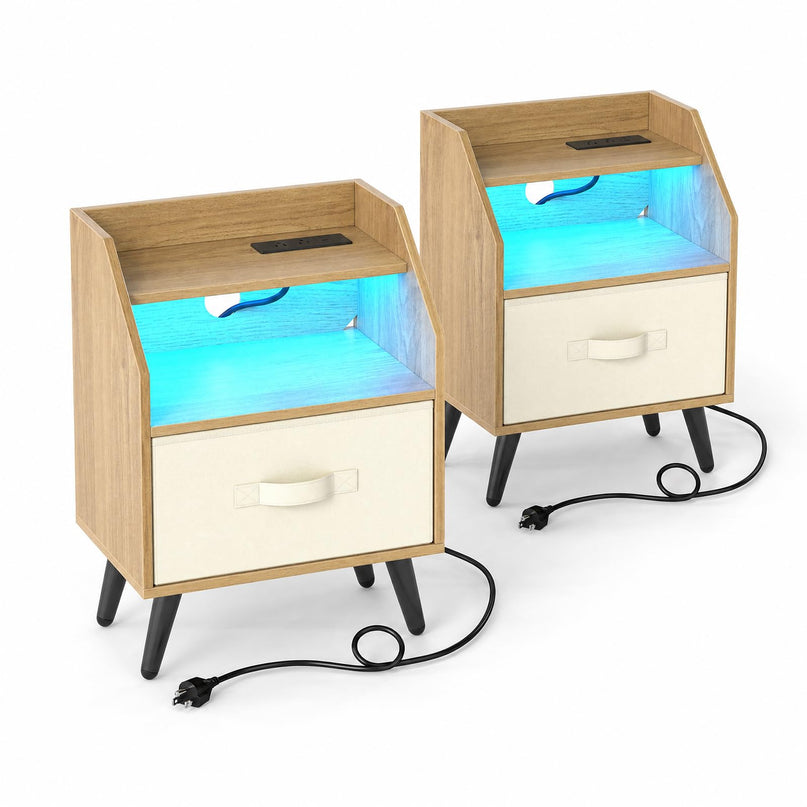 GIANTEX Modern LED Nightstand w/Charging Station & Fabric Drawer