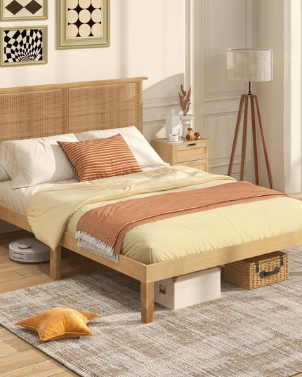 Giantex Bed Frames with Rattan Headboard, Boho Solid Wood Platform Bed with Wooden Slats