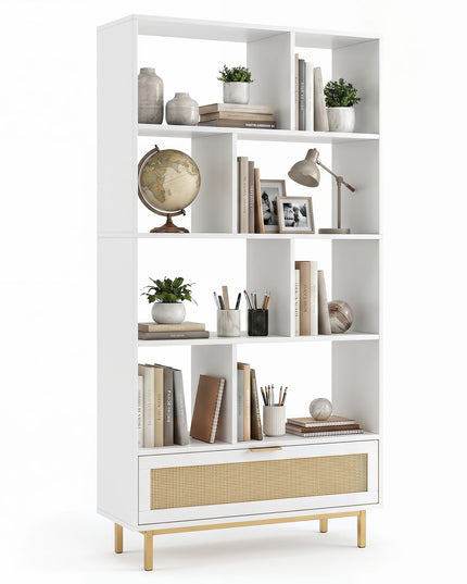 GIANTEX 64" Tall Bookshelf with Rattan Drawer