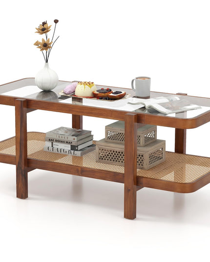 Table Basse en Rotin Giantex, Table à Thé Rectangulaire de 47,5" en Bois Massif avec Plateau en Verre Trempé