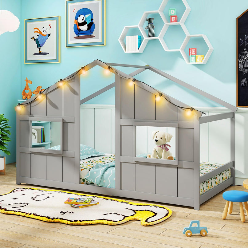 Giantex Twin Kids House Bed with Light Bulbs