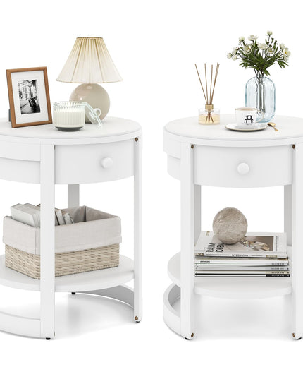 Giantex Round Side Tables Set of 1/2, 2-Tier Retro End Tables with Drawer & Shelf