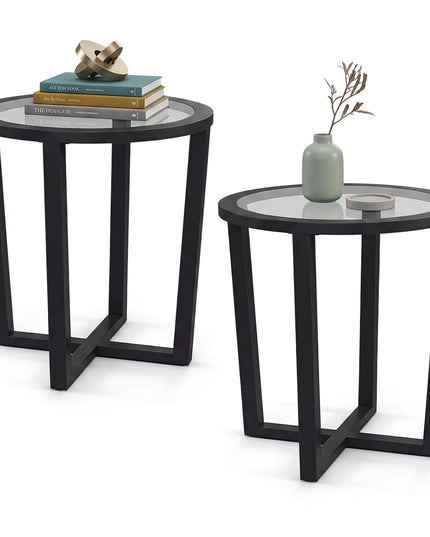 Giantex Glass Round End Table, Sofa Side Table with Transparent Tempered Glass Top