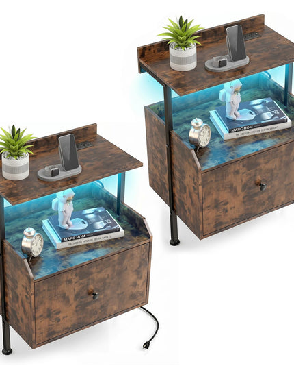 Giantex Nightstand w/Charging Station & LED Light for Bedroom Living Room Study