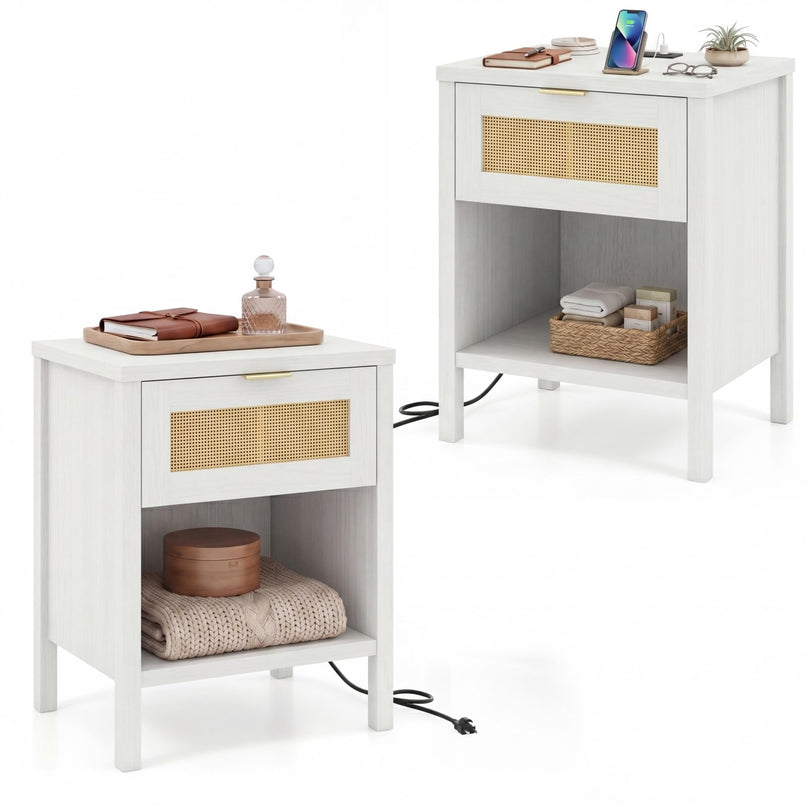 Giantex Rattan Night Stand with Charging Station