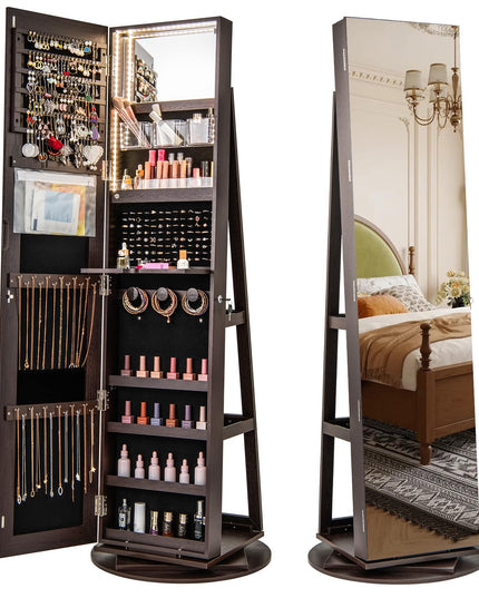 CHARMAID 63.5"H Jewelry Armoire with Full Length Mirror 360 Degree Swivel, 3-Color LED lights