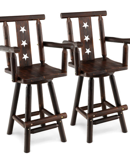 Brown Bar Stool, 29’’ Solid Fir Wood Bar Chair with Footrest, Decorative Star Backrest, Wide Armrest, Rustic Kitchen Stool