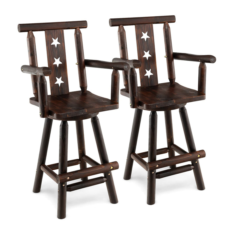 Brown Bar Stool, 29’’ Solid Fir Wood Bar Chair with Footrest, Decorative Star Backrest, Wide Armrest, Rustic Kitchen Stool