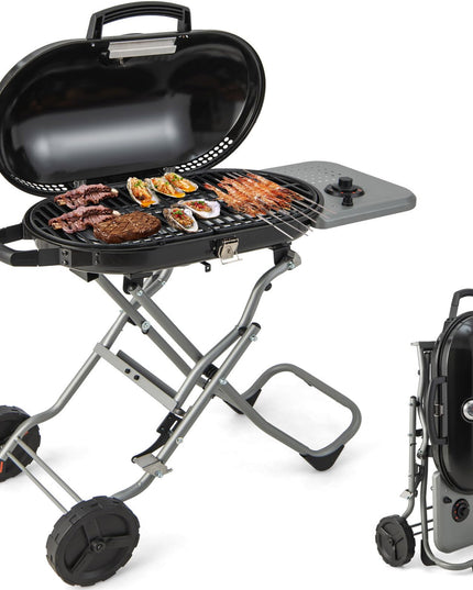 Giantex Gas Grill, Portable Propane Grill with 15,000 BTUs Burner, Side Table, 2 Wheels, Grease Tray