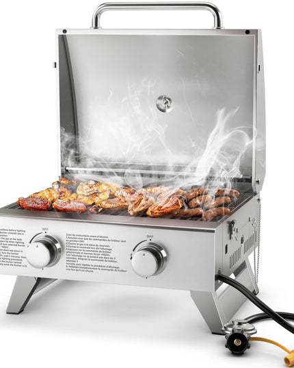 Giantex Portable Gas Grill - Tabletop Propane Grill with 2 Burners, 20,000 BTU total, Built-in Thermometer