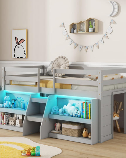 Giantex Low Loft Bed with LED Lights, Wooden Twin Loft Bed with Stairs & Safety Guardrail