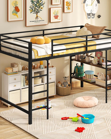 Giantex Heavy Duty Metal Frame Low Loft Bed Twin Size w/Ladder & Full-Length Guardrails