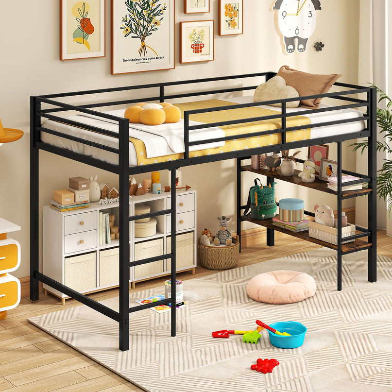 Giantex Heavy Duty Metal Frame Low Loft Bed Twin Size w/Ladder & Full-Length Guardrails