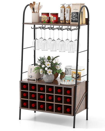 Giantex 18-Bottle Wine Rack Freestanding Floor, Kitchen Baker’s Rack w/ 15 Glasses Holder, Rustic Brown